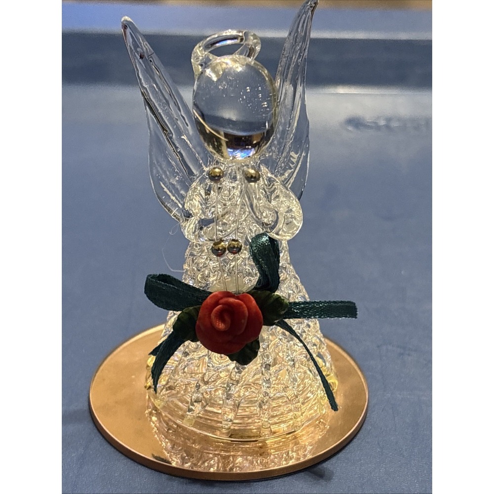 Clear Glass Angel Figurine Gold Tone Base Red Rose Accent Made in China